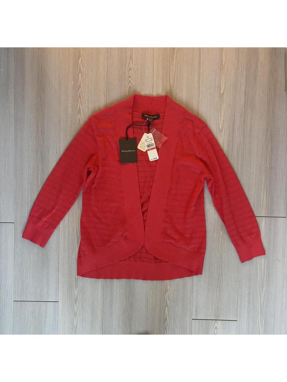 NWT Tommy Bahama Malia Stripe Open Front Cardigan Sweater Coral Red Womens XS